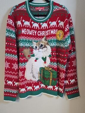 Meowey Christmas Crewneck Sweater - Red & Green
